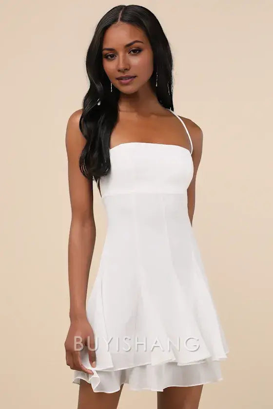 Buyishang Elegant White Strapless Mini Dress with Tiered Skirt & Thin Straps: A Fresh Choice for Summer Soirees